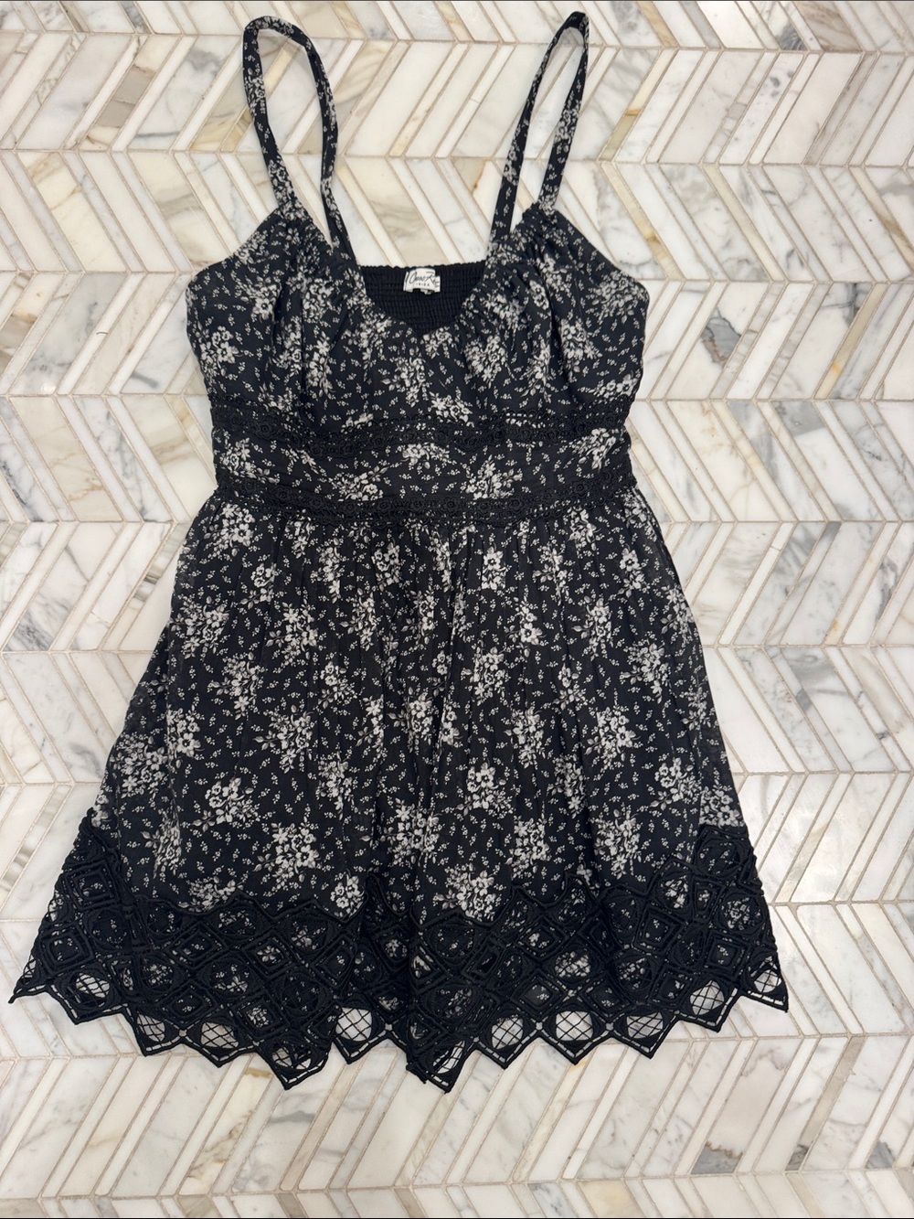 Charo Ruiz Black and Cream Floral Spaghetti-Strap Mini Dress